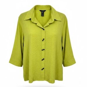 Ali Miles Womens 3X Lime Green Textured Button Front Shirt Top
